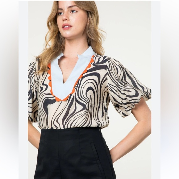 THML women’s geometric Juliet sleeves black cream v neck blue and orange trim - Picture 1 of 7